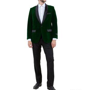 Green Velvet Satin Shawl Collar Slim Fit Men's Jacket